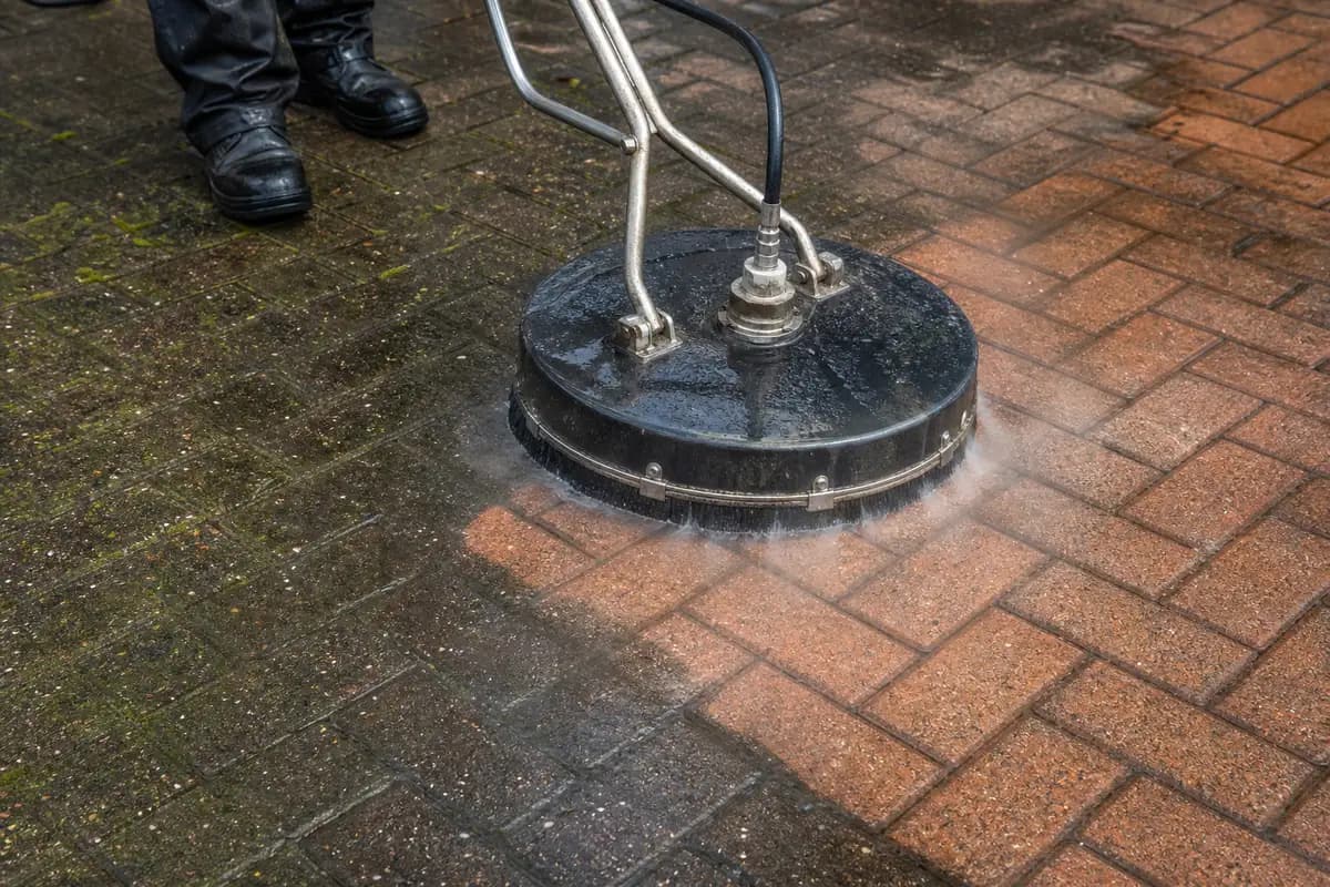 A rotary surface cleaner pressure washing block paving at close range