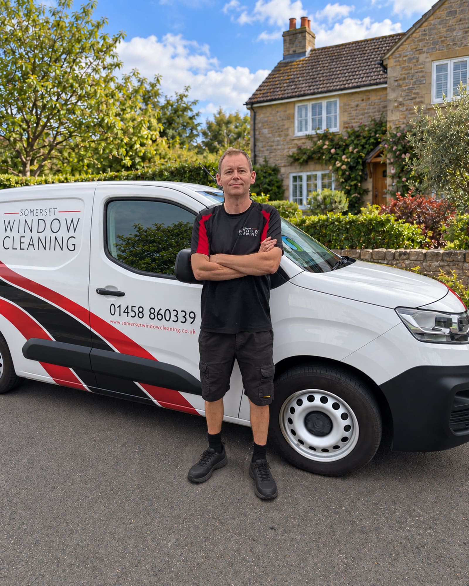 Dylan, Supervisor at Somerset Window Cleaning; portrait with an edited van background